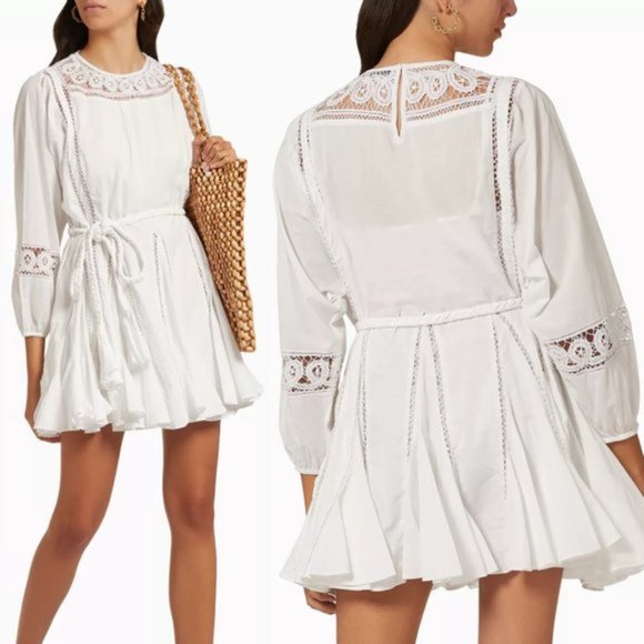 Rhode Ella Blouson Mini Dress Flared Embroidered Accent Braided Belt White - Picture 2 of 9
